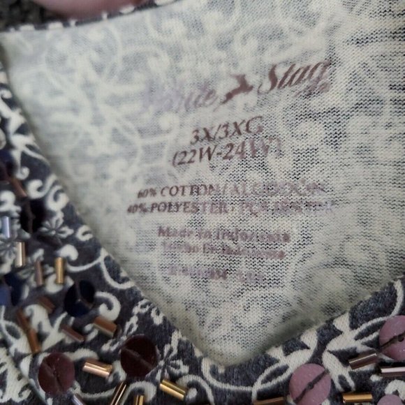 White Stag Top Plus Size 3X 22W 24W Beaded Stretch V-Neck 3/4 Sleeve Brown - Picture 4 of 5